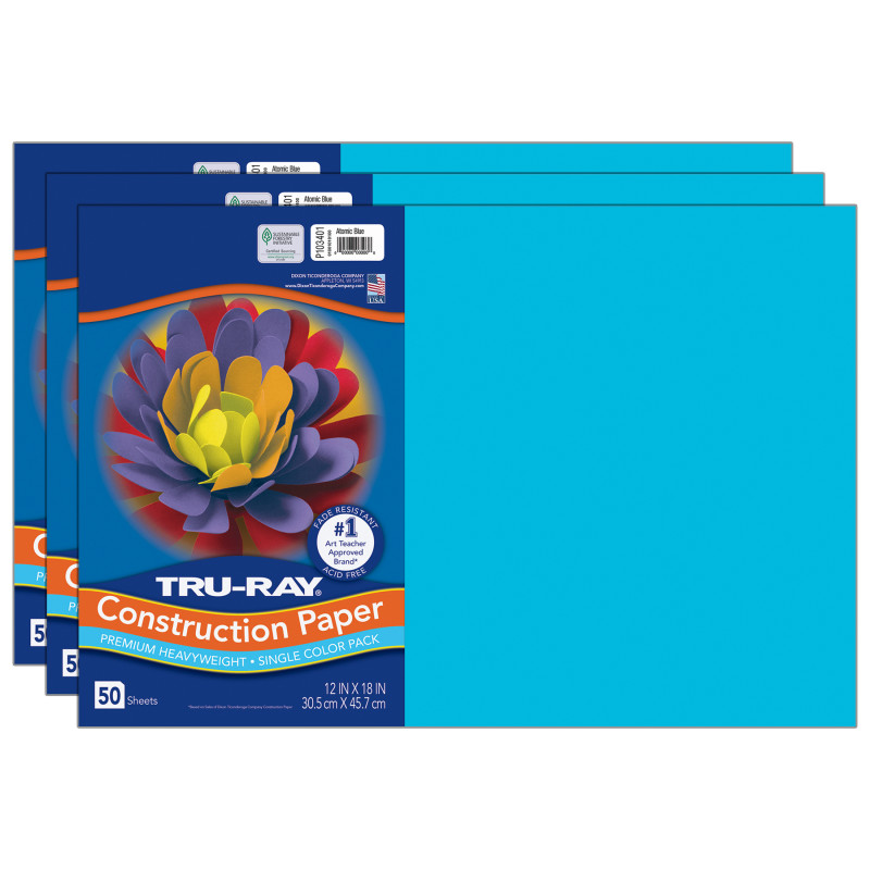 Construction Paper, Heavyweight, Atomic Blue, 12" x 18", 50 Sheets Per Pack, 3 Packs