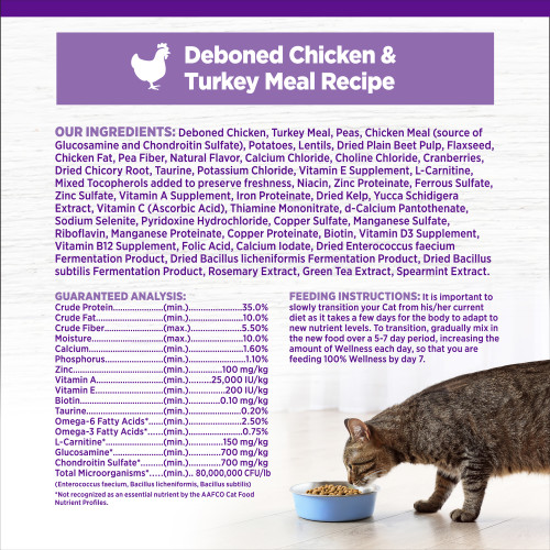 <p>Deboned Chicken, Turkey Meal, Peas, Chicken Meal (source of Glucosamine and Chondroitin Sulfate), Potatoes, Lentils, Dried Plain Beet Pulp, Flaxseed, Chicken Fat, Pea Fiber, Natural Flavor, Calcium Chloride, Choline Chloride, Cranberries, Dried Chicory Root, Taurine, Potassium Chloride, Vitamin E Supplement, L-Carnitine, Mixed Tocopherols added to preserve freshness, Niacin, Zinc Proteinate, Ferrous Sulfate, Zinc Sulfate, Vitamin A Supplement, Iron Proteinate, Dried Kelp, Yucca Schidigera Extract, Vitamin C (Ascorbic Acid), Thiamine Mononitrate, d-Calcium Pantothenate, Sodium Selenite, Pyridoxine Hydrochloride, Copper Sulfate, Manganese Sulfate, Riboflavin, Manganese Proteinate, Copper Proteinate, Biotin, Vitamin D3 Supplement, Vitamin B12 Supplement, Folic Acid, Calcium Iodate, Dried Enterococcus faecium Fermentation Product, Dried Bacillus licheniformis Fermentation Product, Dried Bacillus subtilis Fermentation Product, Rosemary Extract, Green Tea Extract, Spearmint Extract.<br />
This is a naturally preserved product<br />
Manufactured in a facility that also processes grains</p>
