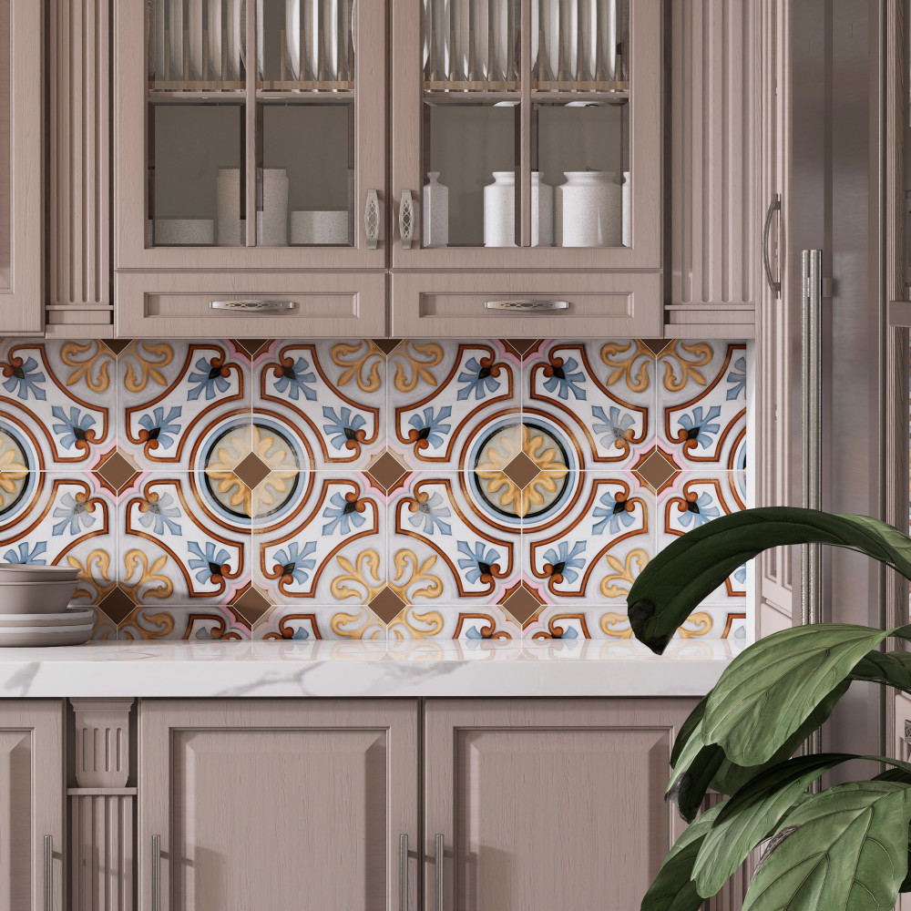 Vaudeville Octagon Deco Diglas with Taco Marron 7-7/8 in. x 7-7/8 in. Porcelain Floor and Wall Tile