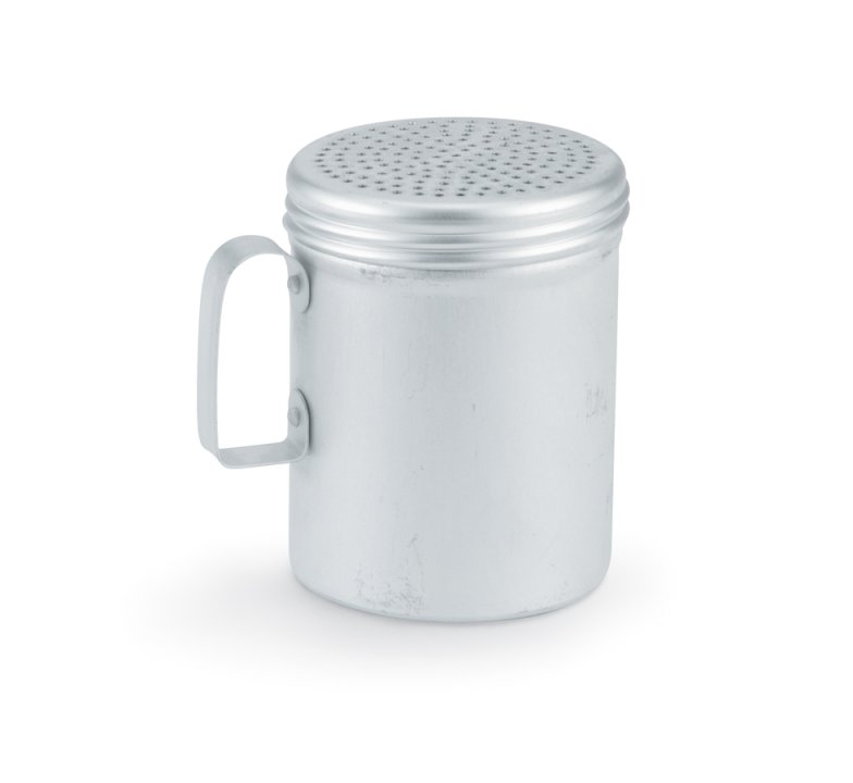 10-ounce aluminum dredge with riveted handle and 0.075-inch diameter holes