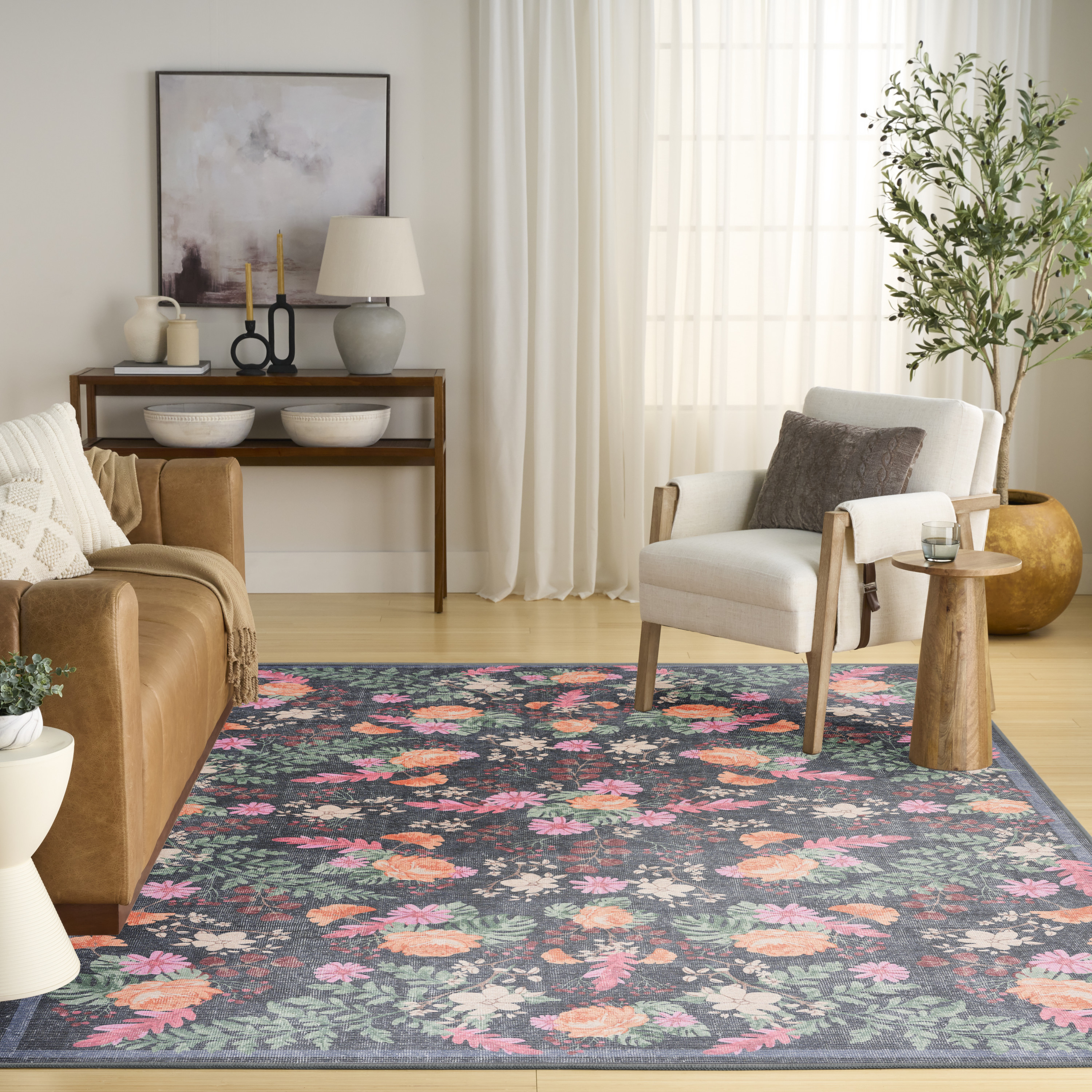 Nourison Botanical Washables 4' x 6' Charcoal Multicolor Farmhouse Indoor Rug