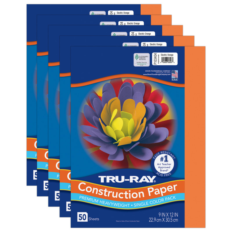 Construction Paper, Heavyweight, Electric Orange, 9" x 12", 50 Sheets Per Pack, 5 Packs