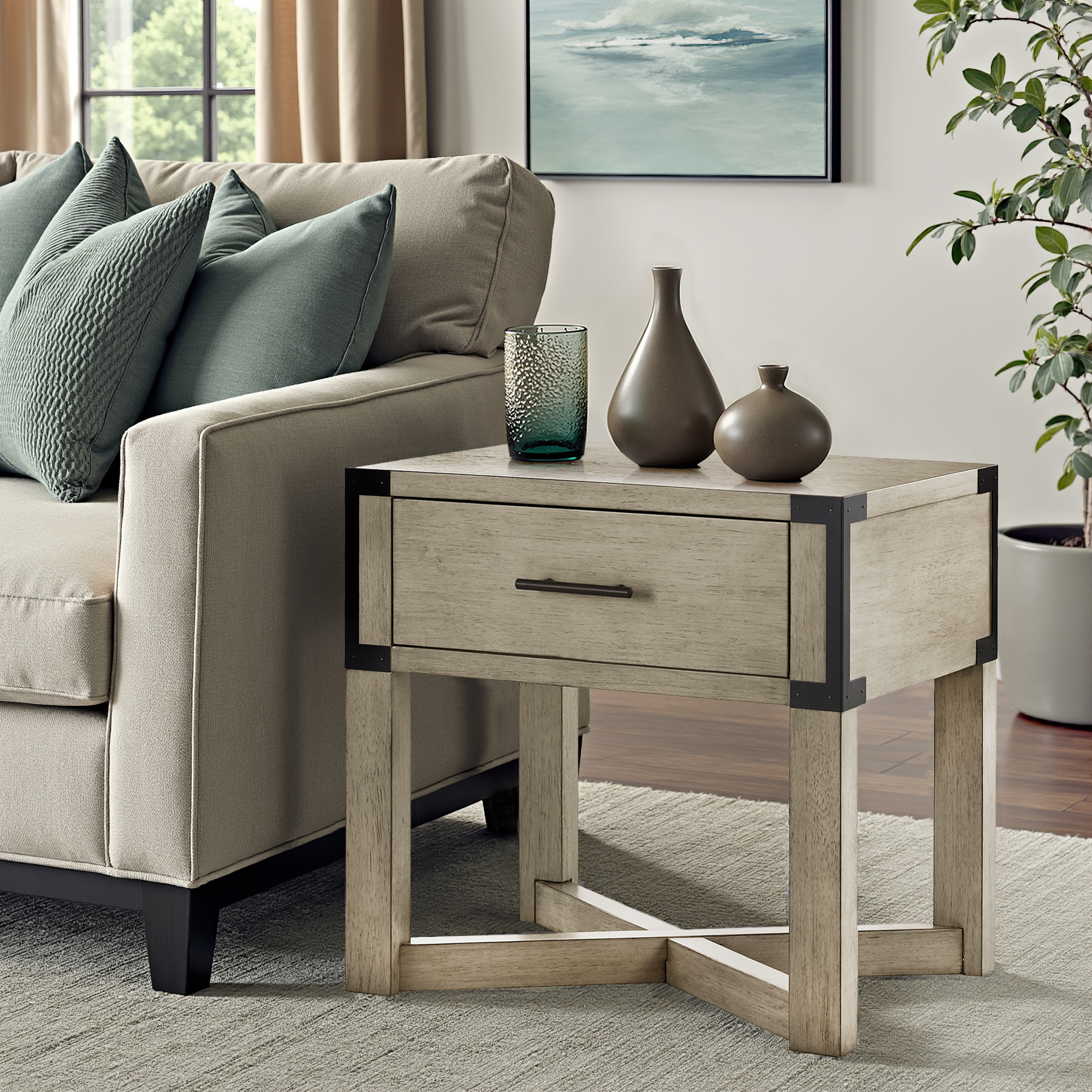 Wood Finish X-Base End Table with Drawer