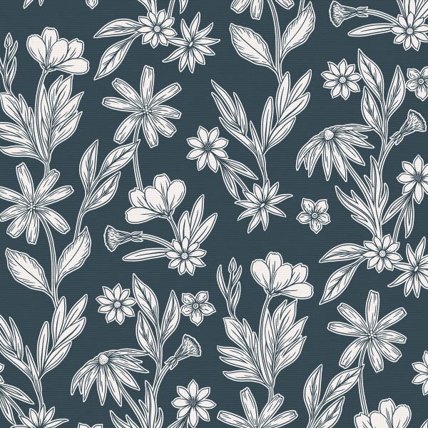 White hand-drawn wildflower and leafy sprigs repeat in a scattered pattern across a dark teal, subtly striped background, evoking wallpaper or fabric print.