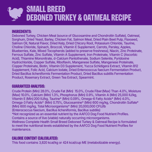 Deboned Turkey, Chicken Meal (source of Glucosamine and Chondroitin Sulfate), Oatmeal, Sorghum, Dried Yeast, Barley, Chicken Fat, Salmon Meal, Dried Plain Beet Pulp, Flaxseed, Salmon Oil, Natural Flavor, Dried Kelp, Dried Chicory Root, Potassium Chloride, Taurine, Choline Chloride, Spinach, Broccoli, Vitamin E Supplement, Carrots, Parsley, Apples, Blueberries, Kale, Mixed Tocopherols (added to preserve freshness), Niacin, Zinc Proteinate, Ferrous Sulfate, Zinc Sulfate, Vitamin A Supplement, Iron Proteinate, Vitamin C (Ascorbic Acid), Thiamine Mononitrate, d-Calcium Pantothenate, Sodium Selenite, Pyridoxine Hydrochloride, Copper Sulfate, Riboflavin, Manganese Sulfate, Manganese Proteinate, Copper Proteinate, Biotin, Vitamin D3 Supplement, Yucca Schidigera Extract, Vitamin B12 Supplement, Folic Acid, Calcium Iodate, Dried Enterococcus faecium Fermentation Product, Dried Bacillus licheniformis Fermentation Product, Dried Bacillus subtilis Fermentation Product, Rosemary Extract, Green Tea Extract, Spearmint.