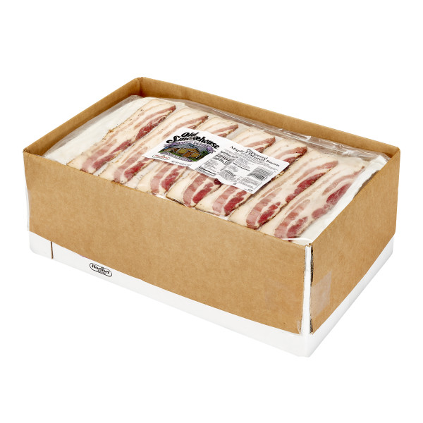 OLD SMOKEHOUSE(r) Bacon, Maple Pepper, 13/17 slice, 2/10 lb . C1RM - Front Right Open Case (Hi Res)