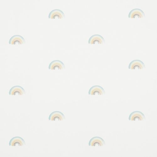 Pastel watercolor halfâ€‘rainbows, small and evenly spaced, form a repeating pattern across a white background, suggesting soft, minimal nursery wallpaper with diffuse, gentle lighting.
