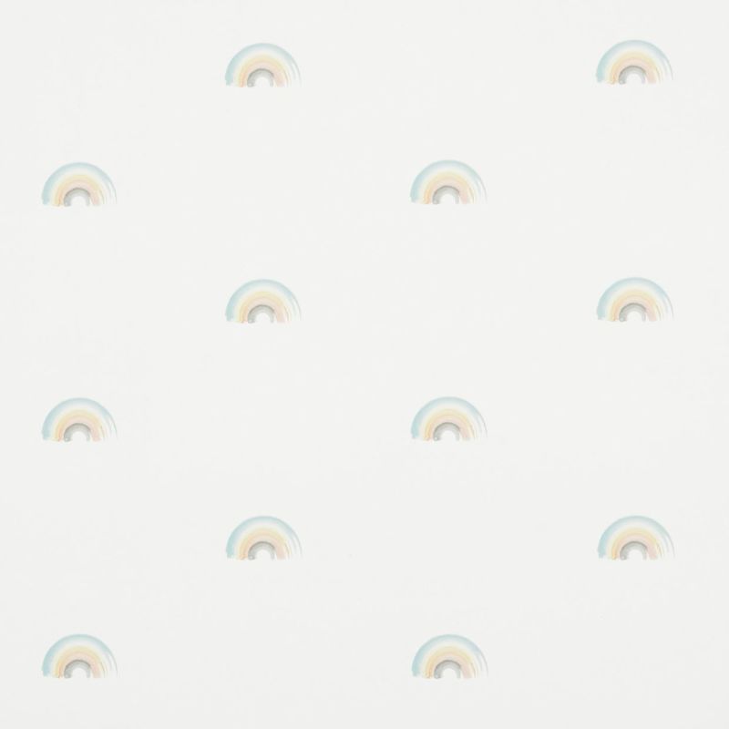 Pastel watercolor halfâ€‘rainbows, small and evenly spaced, form a repeating pattern across a white background, suggesting soft, minimal nursery wallpaper with diffuse, gentle lighting.
