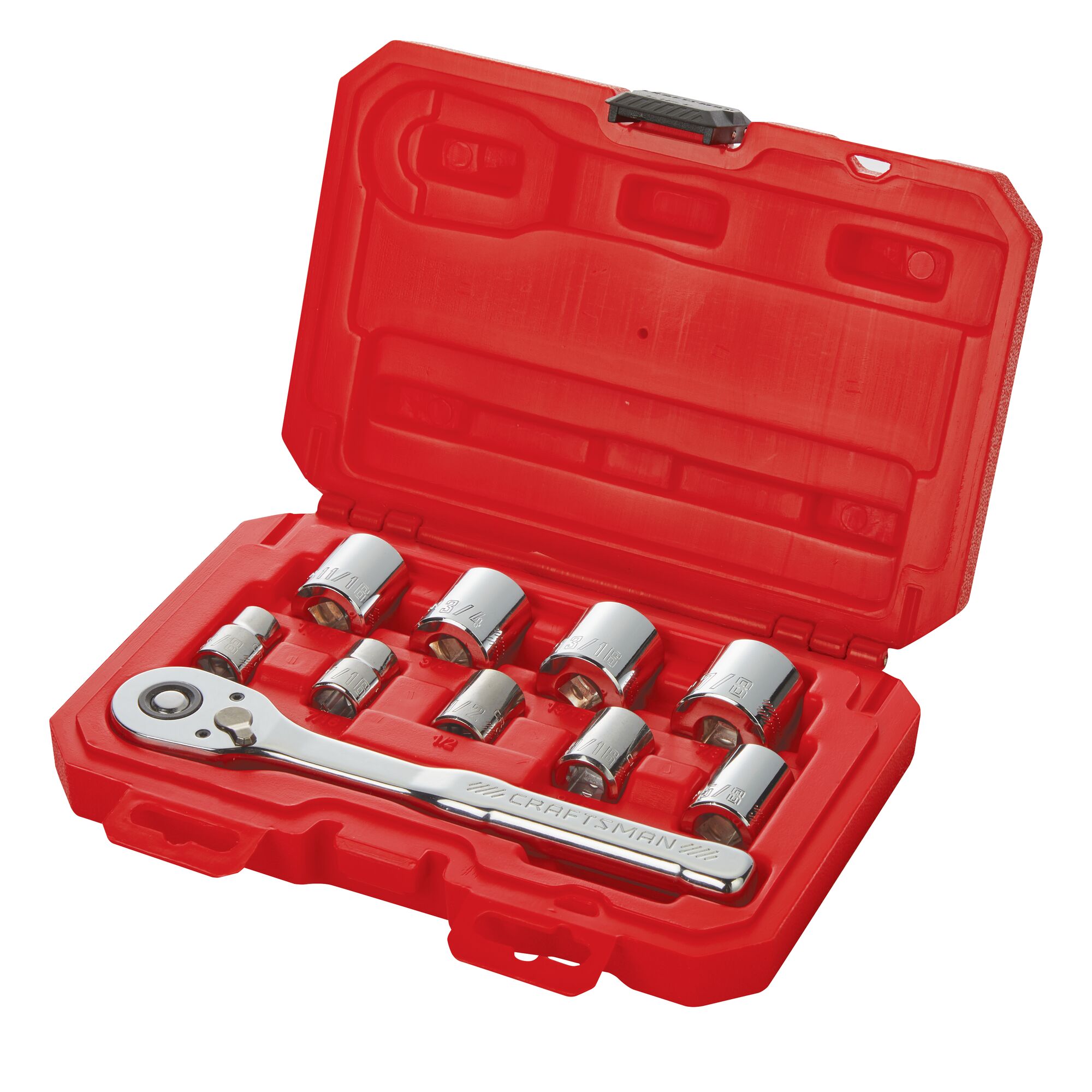 CRAFTSMAN 10 Piece 3/8 inch SAE Mechanics Tool Set in open red case