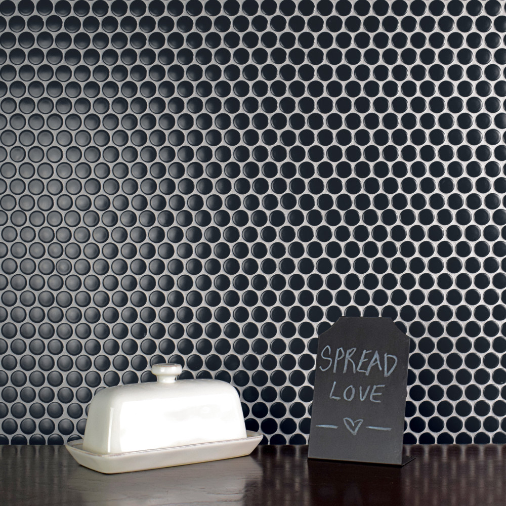 Hudson Penny Round Matte Black 11-7/8 in. x 12-5/8 in. Porcelain Mosaic Tile