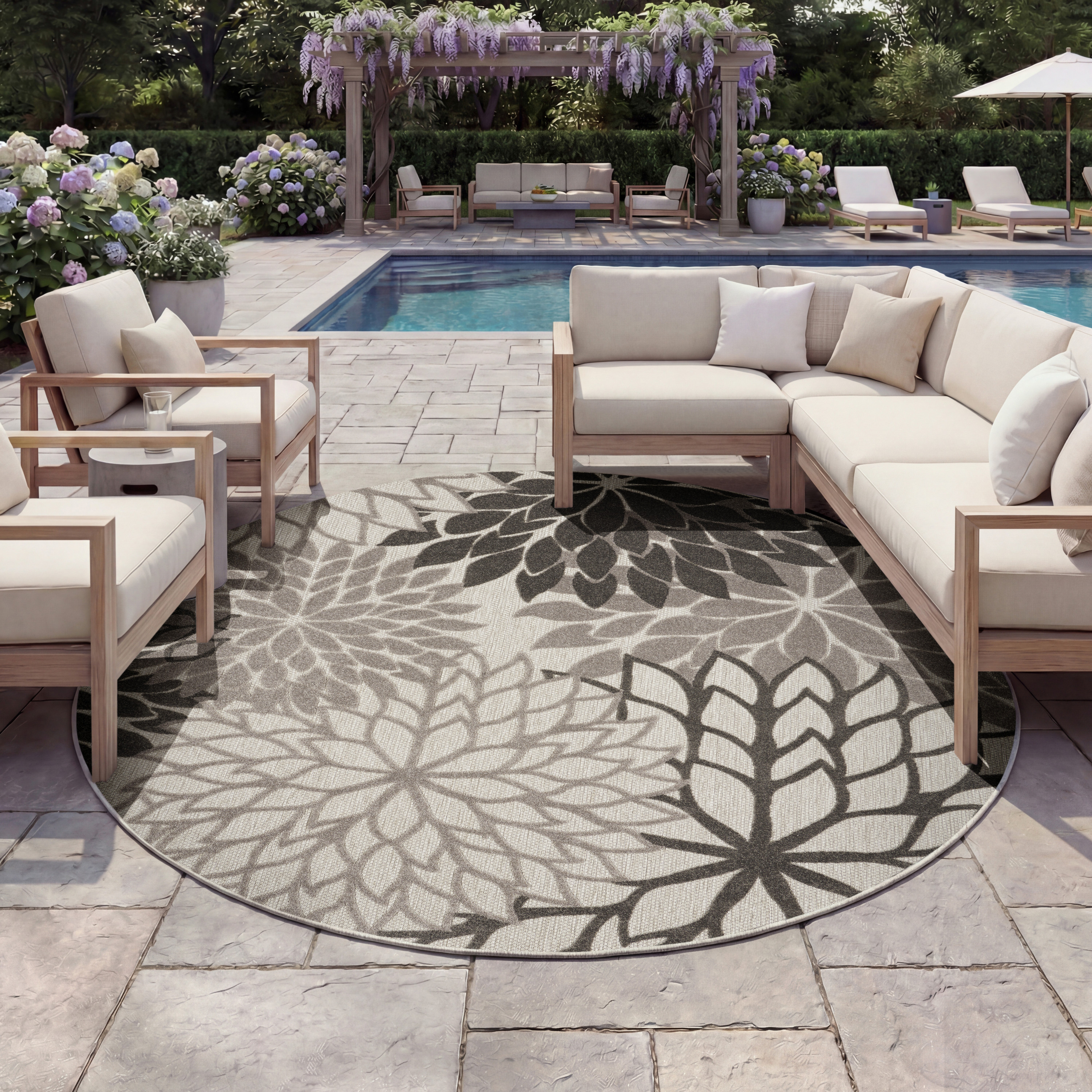 Nourison Aloha 7'10" x Round Silver Grey Tropical Rug