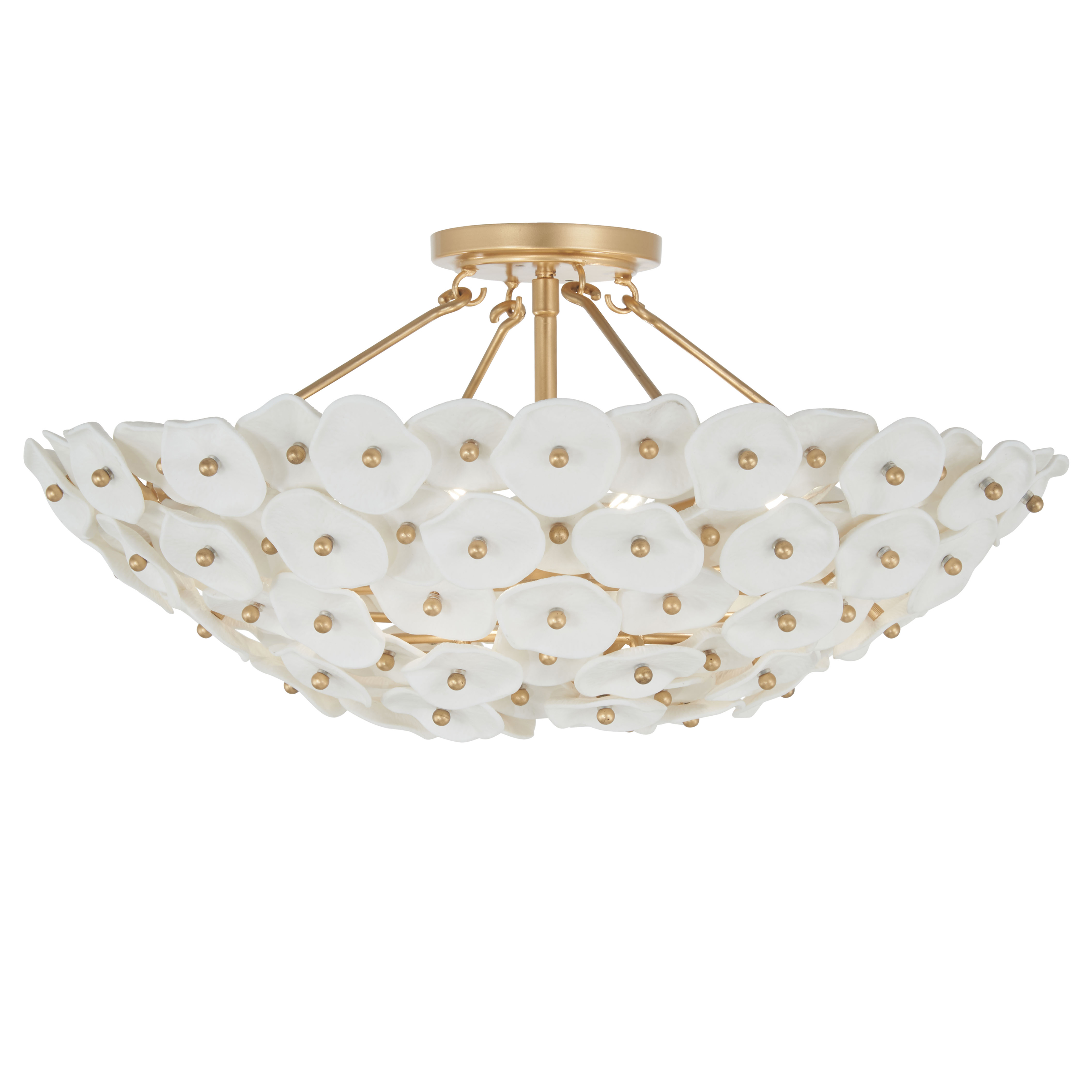 The Coastlyn semi flush combines coastal charm with contemporary elegance through its Legacy Brass finish and white ceramic details. At 22.5" wide, it provides ample illumination while maintaining a low 10.75" profile perfect for standard ceiling heights. - alternate view