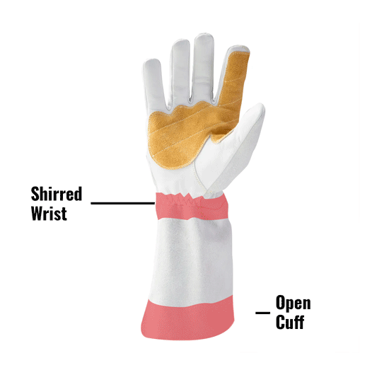 ARC Premium Stick Welding Gloves in White and Tan, GSA Compliant ARCSGSA-00 showing Shirred Wrist and Open Cuff