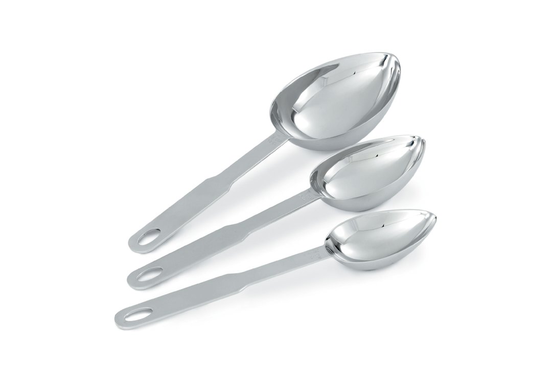 ⅛-cup, ¼-cup, and ½-cup oval heavy-duty stainless steel measuring scoop set