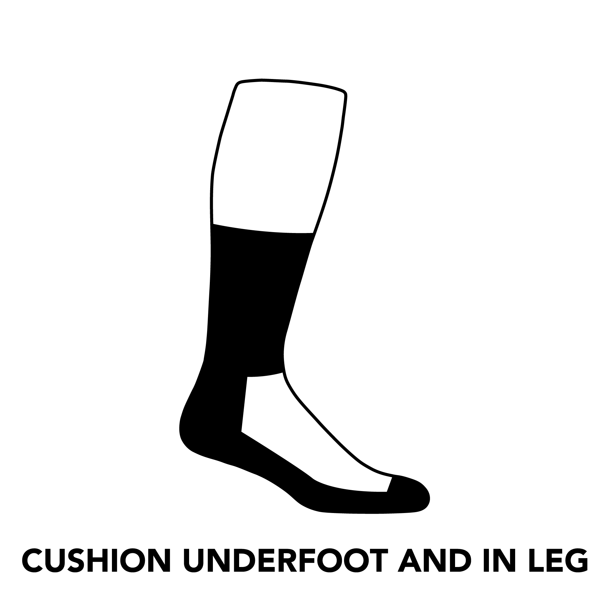 Image showing cushion placement on the sock, with cushion underfoot, over the toe, and up the leg, but not over the top of the foot