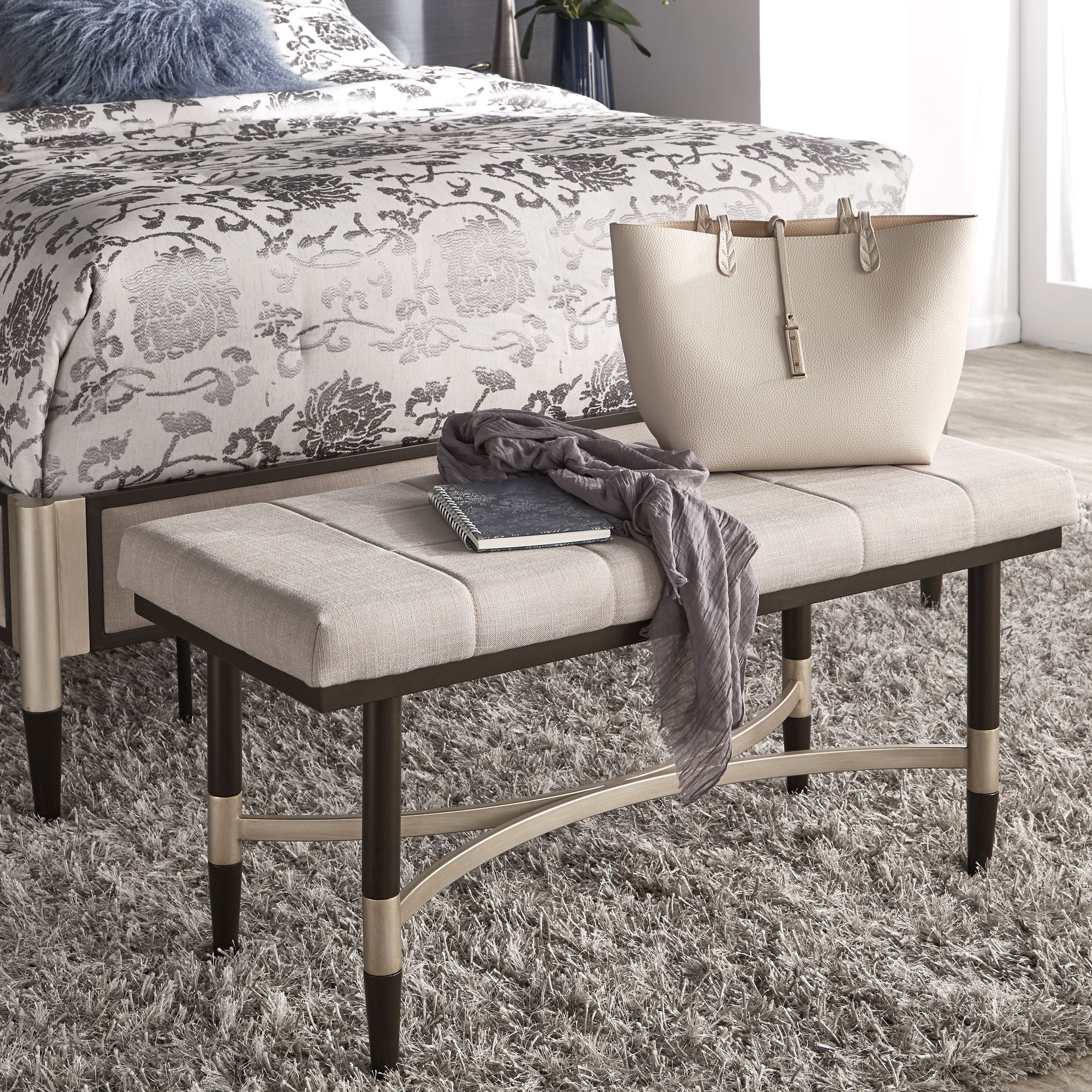 Beige Fabric Queen Bed and Bench Set