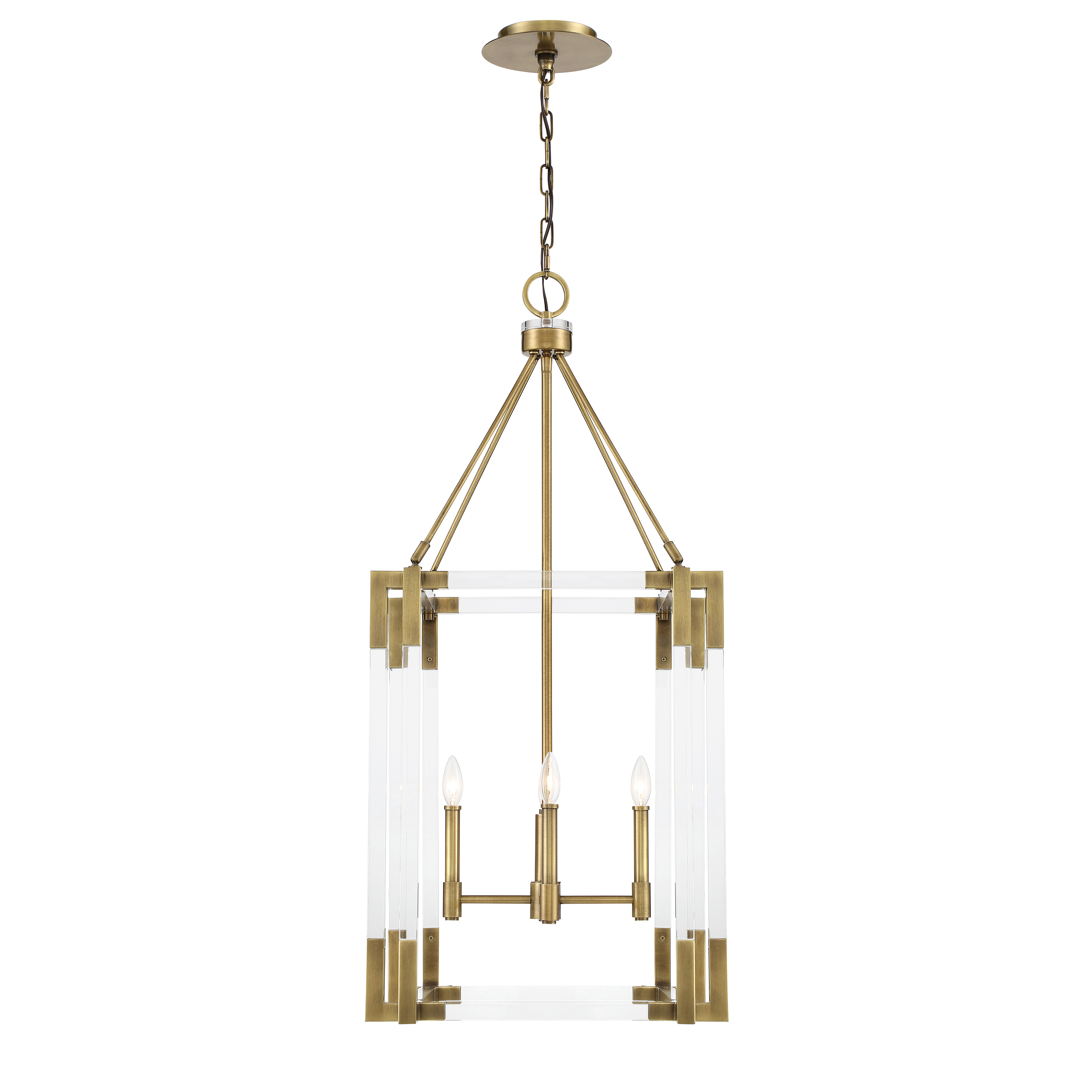 The Prima Vista 4-light pendant combines timeless elegance with contemporary flair. Its aged antique brass finish and crystal accents create sophisticated ambiance, while the 19.25-inch width makes it versatile for various spaces. - alternate view
