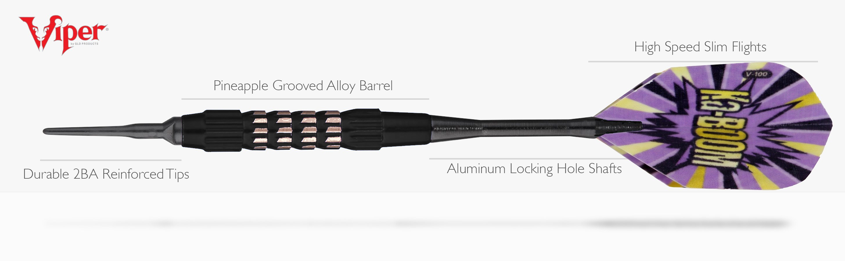 Diagram of dart with tempered steel points, grooved blue barrel, and blue flight with 'BAM!' text