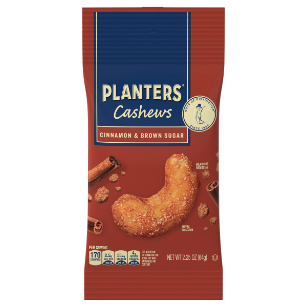 PLANTERS(r) Cashews Cinnamon Brown Sugar, 6-10/2.25oz . A1C1 - Front Center In Package (Low Res)