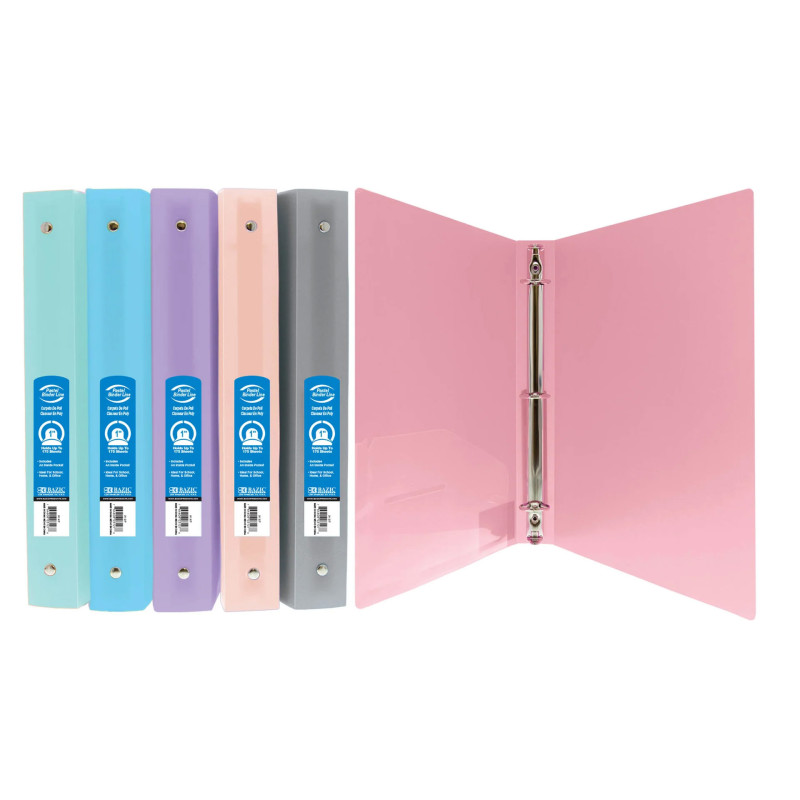 1" Poly 3-Ring Binder with Pocket, Assorted Pastel Colors, Set of 6