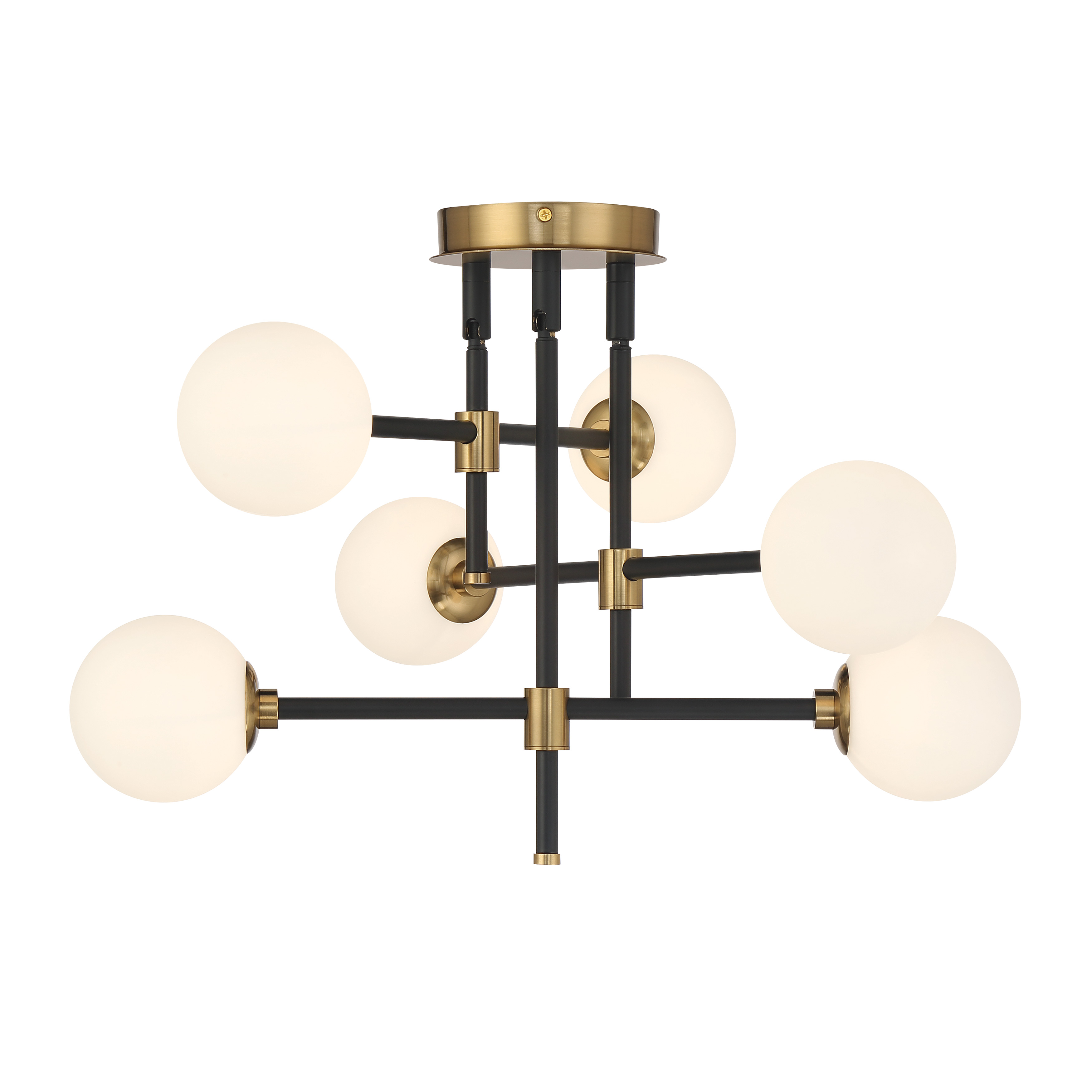 The Cosmet flush mount combines coal black and aged brass finishes for a striking modern aesthetic. Six G9 bulbs provide ample illumination through etched opal glass, creating soft, even light perfect for low-ceiling spaces. - alternate view