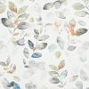 Translucent watercolor leaves and slender stems float and overlap on a white background, with soft muted blues, greens, grays and coral accents, resembling a delicate botanical wallpaper.