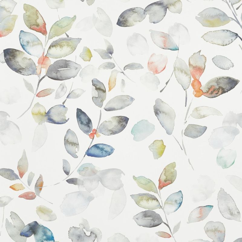 Translucent watercolor leaves and slender stems float and overlap on a white background, with soft muted blues, greens, grays and coral accents, resembling a delicate botanical wallpaper.