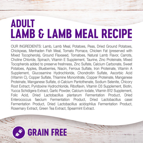 <p>Lamb, Lamb Meal, Potatoes, Peas, Dried Ground Potatoes, Chickpeas, Menhaden Fish Meal, Tomato Pomace, Chicken Fat (preserved with Mixed Tocopherols), Ground Flaxseed, Tomatoes, Natural Lamb Flavor, Carrots, Choline Chloride, Spinach, Vitamin E Supplement, Taurine, Zinc Proteinate, Mixed Tocopherols added to preserve freshness, Zinc Sulfate, Calcium Carbonate, Sweet Potatoes, Apples, Blueberries, Niacin, Ferrous Sulfate, Iron Proteinate, Vitamin A Supplement, Glucosamine Hydrochloride, Chondroitin Sulfate, Ascorbic Acid (Vitamin C), Copper Sulfate, Thiamine Mononitrate, Copper Proteinate, Manganese Proteinate, Manganese Sulfate, d-Calcium Pantothenate, Sodium Selenite, Chicory Root Extract, Pyridoxine Hydrochloride, Riboflavin, Vitamin D3 Supplement, Biotin, Yucca Schidigera Extract, Garlic Powder, Calcium Iodate, Vitamin B12 Supplement, Folic Acid, Dried Lactobacillus plantarum Fermentation Product, Dried Enterococcus faecium Fermentation Product, Dried Lactobacillus casei Fermentation Product, Dried Lactobacillus acidophilus Fermentation Product, Rosemary Extract, Green Tea Extract, Spearmint Extract.<br />
This is a naturally preserved product.</p>
