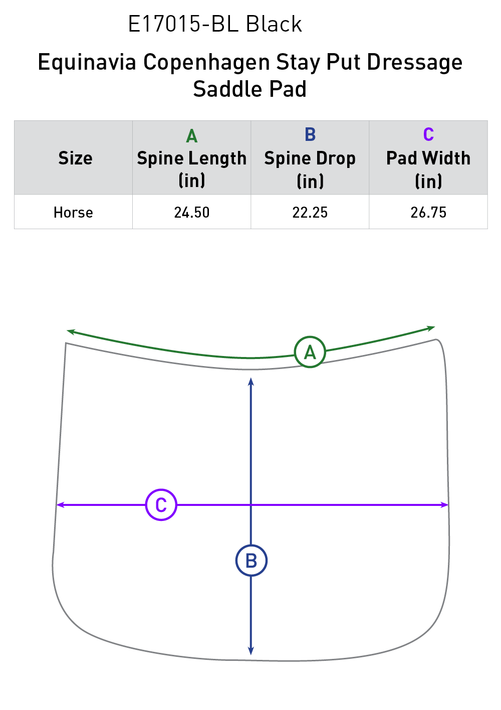 Size chart for Equinavia Copenhagen Stay Put Dressage Saddle Pad - Black