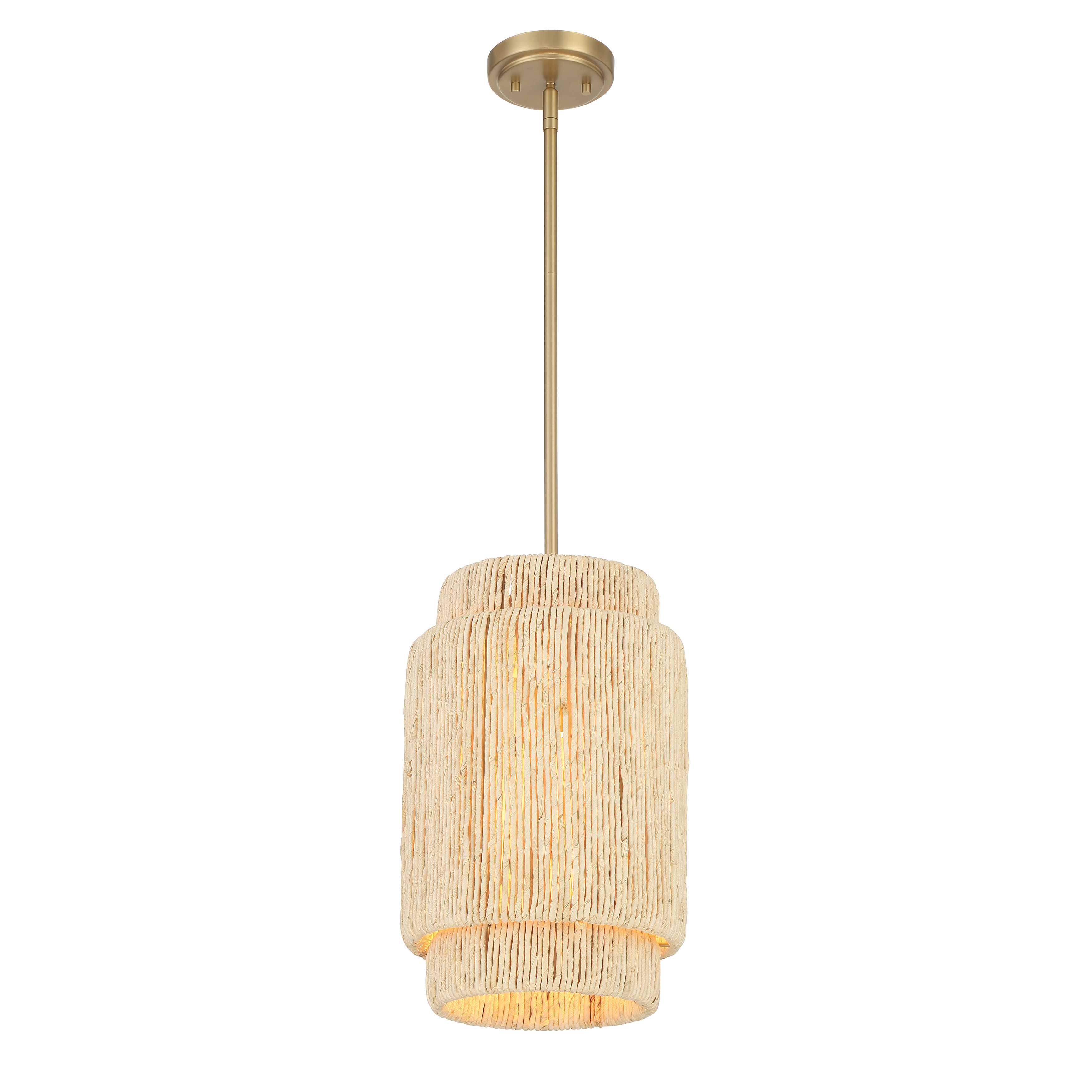 The Caviana pendant brings organic warmth with its handwoven natural abaca shade and signature brass finish. Perfect for adding coastal charm to intimate spaces, this compact fixture delivers character without overwhelming smaller rooms. - alternate view