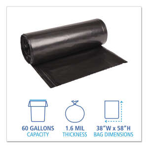 Boardwalk,  LLDPE Liner, 60 gal Capacity, 38 in Wide, 58 in High, 1.6 Mils Thick, Black