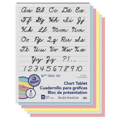 Pacon  Colored Paper Chart Tablet, 5 Assorted Colors, Cursive Cover, 1 in ruled 24