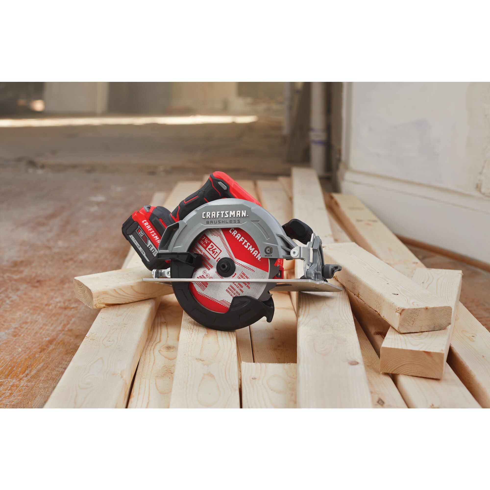 20 volt 7 1 quarter inch brushless cordless circular saw with battery placed on wooden planks.