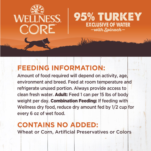 <p>Amount of food required will depend on activity, age, environment and breed. Feed at room temperature and refrigerate unused portion. Always provide access to clean fresh water.  </p>
<p>Adult: Feed ¾ can per 15 lbs of body weight per day<br />
Combination Feeding: If feeding with Wellness dry food, reduce dry amount fed by 1/2 cup for every 6 oz of wet food.</p>
