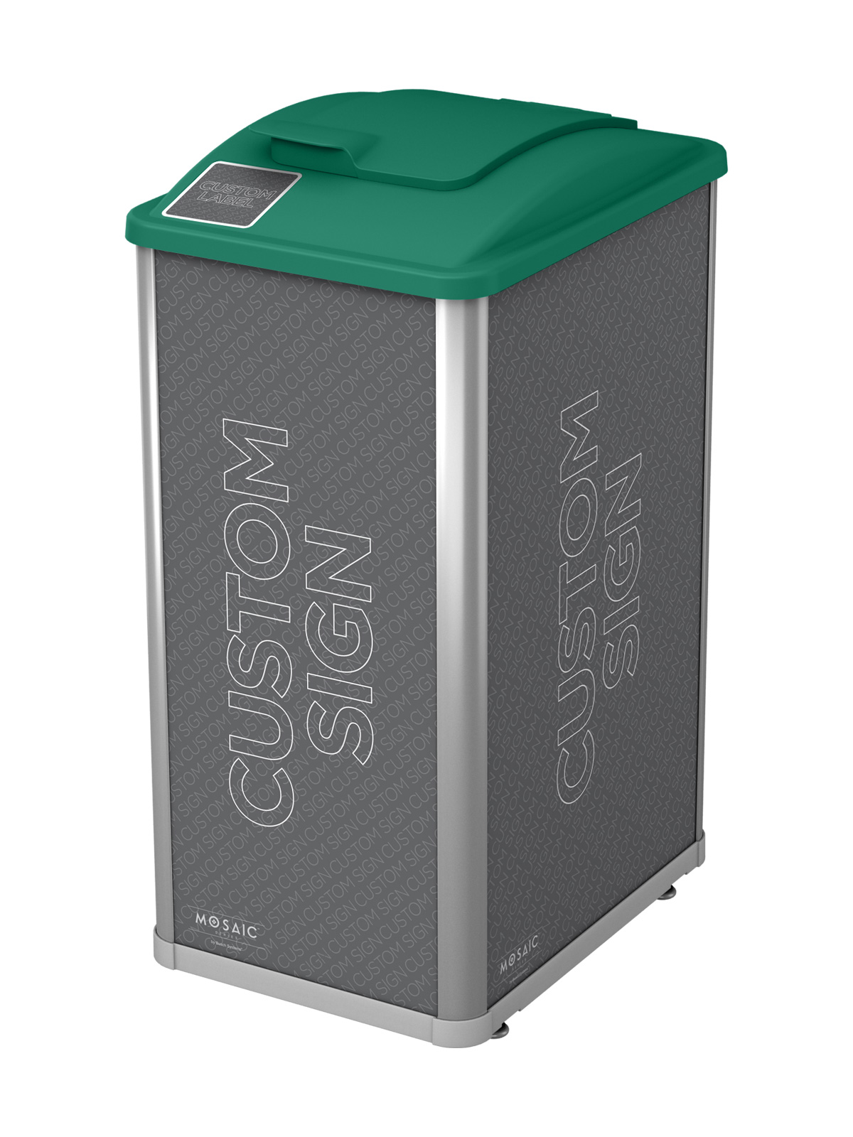 Mosaic Series single organics container with green lift lid and custom signs and label