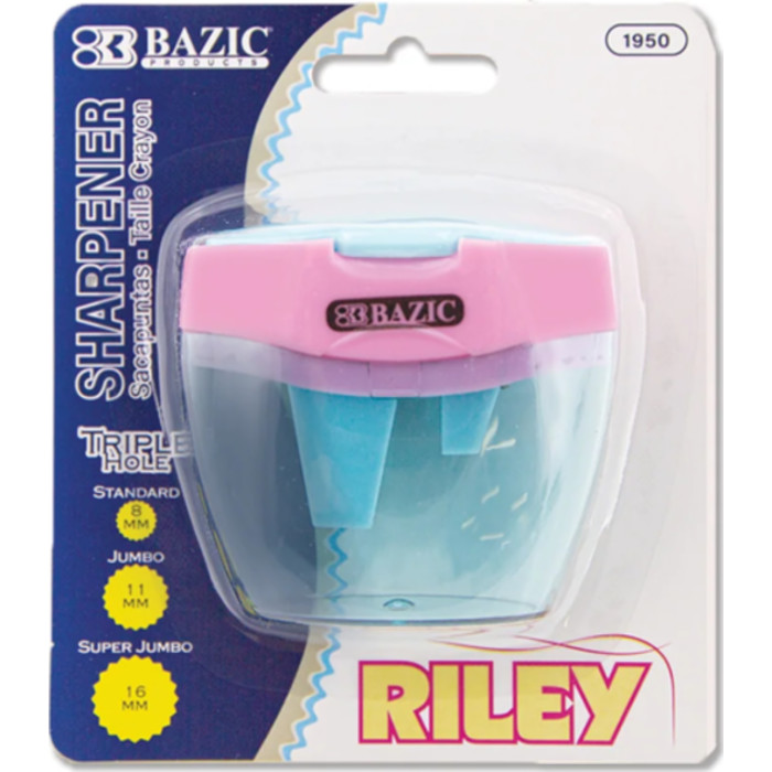 Riley Triple-Hole Pencil Sharpener with Receptacle, Assorted Colors