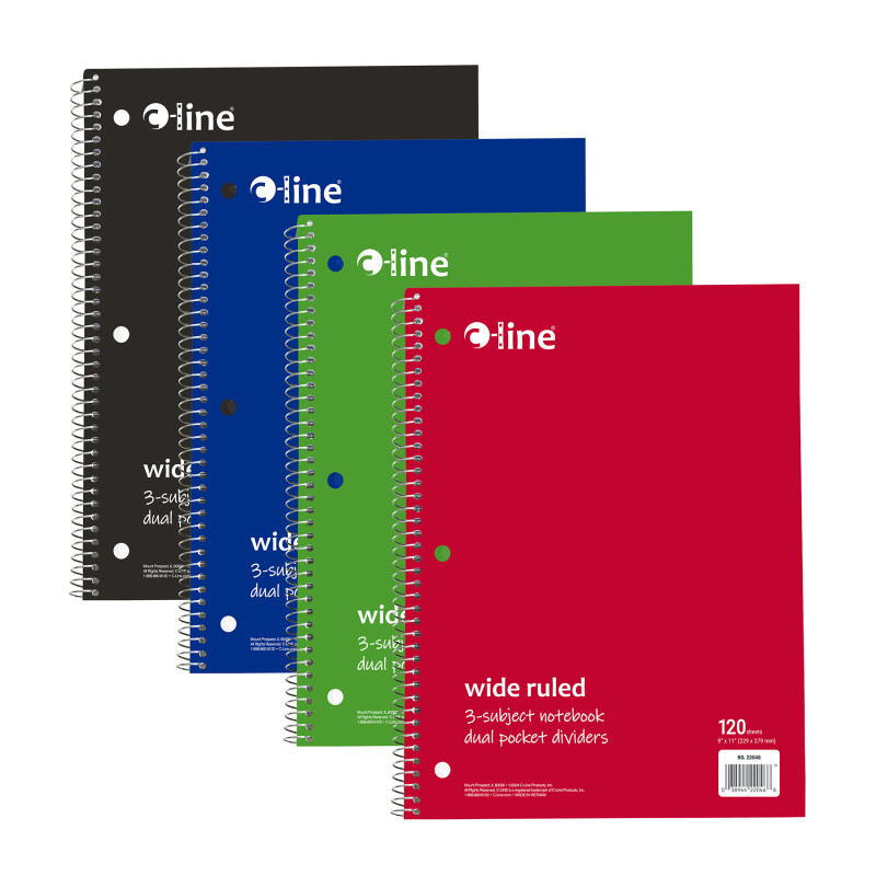 3-Subject Notebook, Wide Ruled, 120 Sheets, Assorted Colors