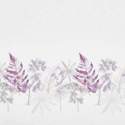 Watercolor botanical border of purple fern fronds and pale gray flowers â€” overlapping, translucent and softly faded â€” placed along the lower edge of a white textured background in even, diffuse light.