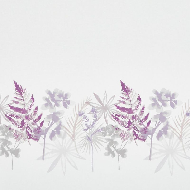 Watercolor botanical border of purple fern fronds and pale gray flowers â€” overlapping, translucent and softly faded â€” placed along the lower edge of a white textured background in even, diffuse light.