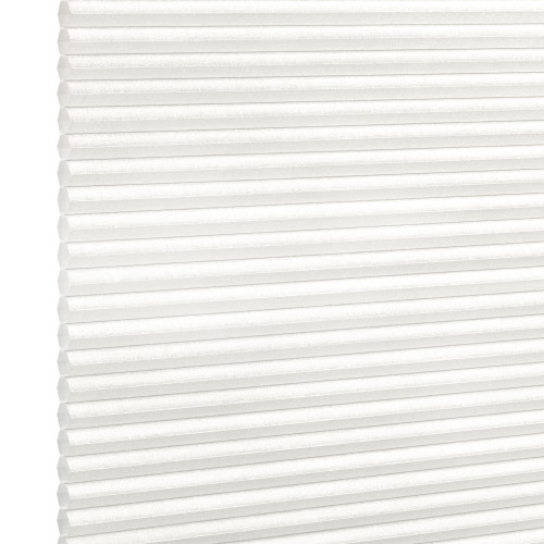 White honeycomb (cellular) pleated blind fully lowered, tightly folded horizontal cells; closed and diffusing light, shown against a bright white background in even studio lighting.