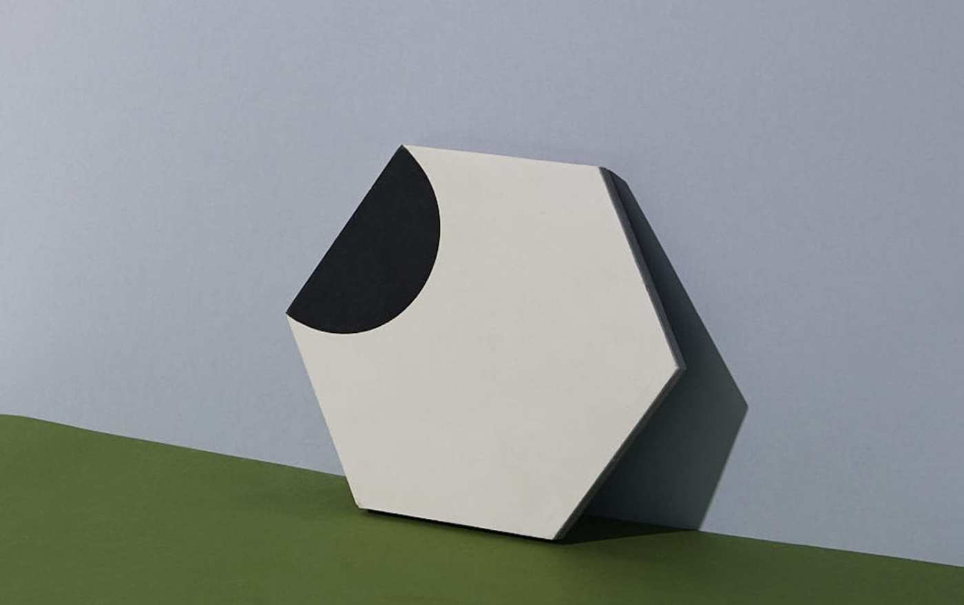 a black and white hexagon on a green surface.