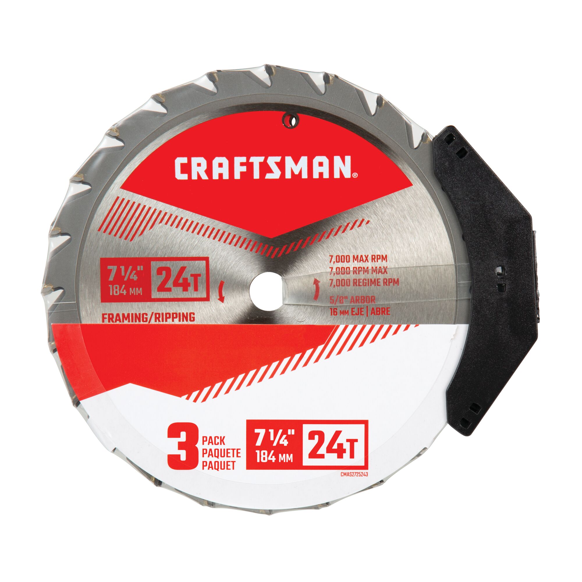 3 pack 7 and a quarter inch 24 tooth framing ripping saw blade in plastic packaging.