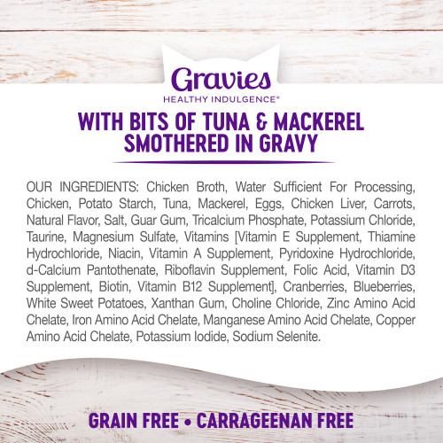 <p>Chicken Broth, Water Sufficient For Processing, Chicken, Potato Starch, Tuna, Mackerel, Eggs, Chicken Liver, Carrots, Natural Flavor, Salt, Guar Gum, Tricalcium Phosphate, Potassium Chloride, Taurine, Magnesium Sulfate, Vitamins [Vitamin E Supplement, Thiamine Hydrochloride, Niacin, Vitamin A Supplement, Pyridoxine Hydrochloride, d-Calcium Pantothenate, Riboflavin Supplement, Folic Acid, Vitamin D3 Supplement, Biotin, Vitamin B12 Supplement], Cranberries, Blueberries, White Sweet Potatoes, Xanthan Gum, Choline Chloride, Zinc Amino Acid Chelate, Iron Amino Acid Chelate, Manganese Amino Acid Chelate, Copper Amino Acid Chelate, Potassium Iodide, Sodium Selenite.</p>
