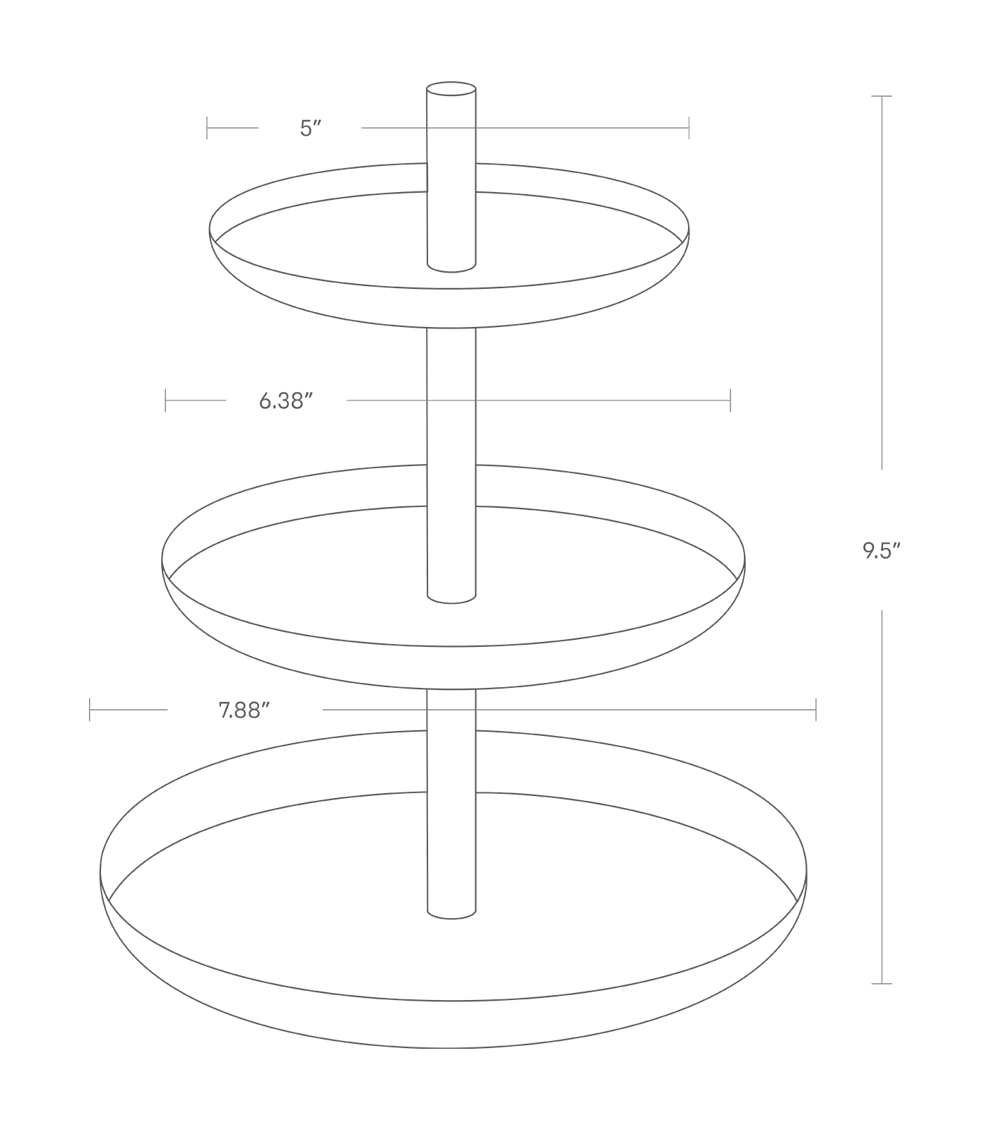 Dimension image for Serving Stand with a total height of 9.5 inches, top tier width of 5 inches, middle tier width of 6.38 inches, and bottom tier width of 7.88 inches.
