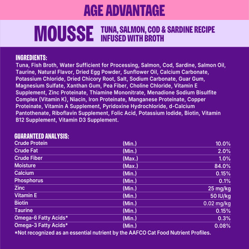 Tuna, Fish Broth, Water Sufficient for Processing, Salmon, Cod, Sardine, Salmon Oil, Taurine, Natural Flavor, Dried Egg Powder, Sunflower Oil, Calcium Carbonate, Potassium Chloride, Dried Chicory Root, Salt, Sodium Carbonate, Guar Gum, Magnesium Sulfate, Xanthan Gum, Pea Fiber, Choline Chloride, Vitamin E Supplement, Zinc Proteinate, Thiamine Mononitrate, Menadione Sodium Bisulfite Complex (Vitamin K), Niacin, Iron Proteinate, Manganese Proteinate, Copper Proteinate, Vitamin A Supplement, Pyridoxine Hydrochloride, d-Calcium Pantothenate, Riboflavin Supplement, Folic Acid, Potassium Iodide, Biotin, Vitamin B12 Supplement, Vitamin D3 Supplement.