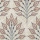 Fabric panel displays repeating stylized leaf branches forming fan-like sprays, rendered in muted pinks, blues and gray outlines on a cream background.