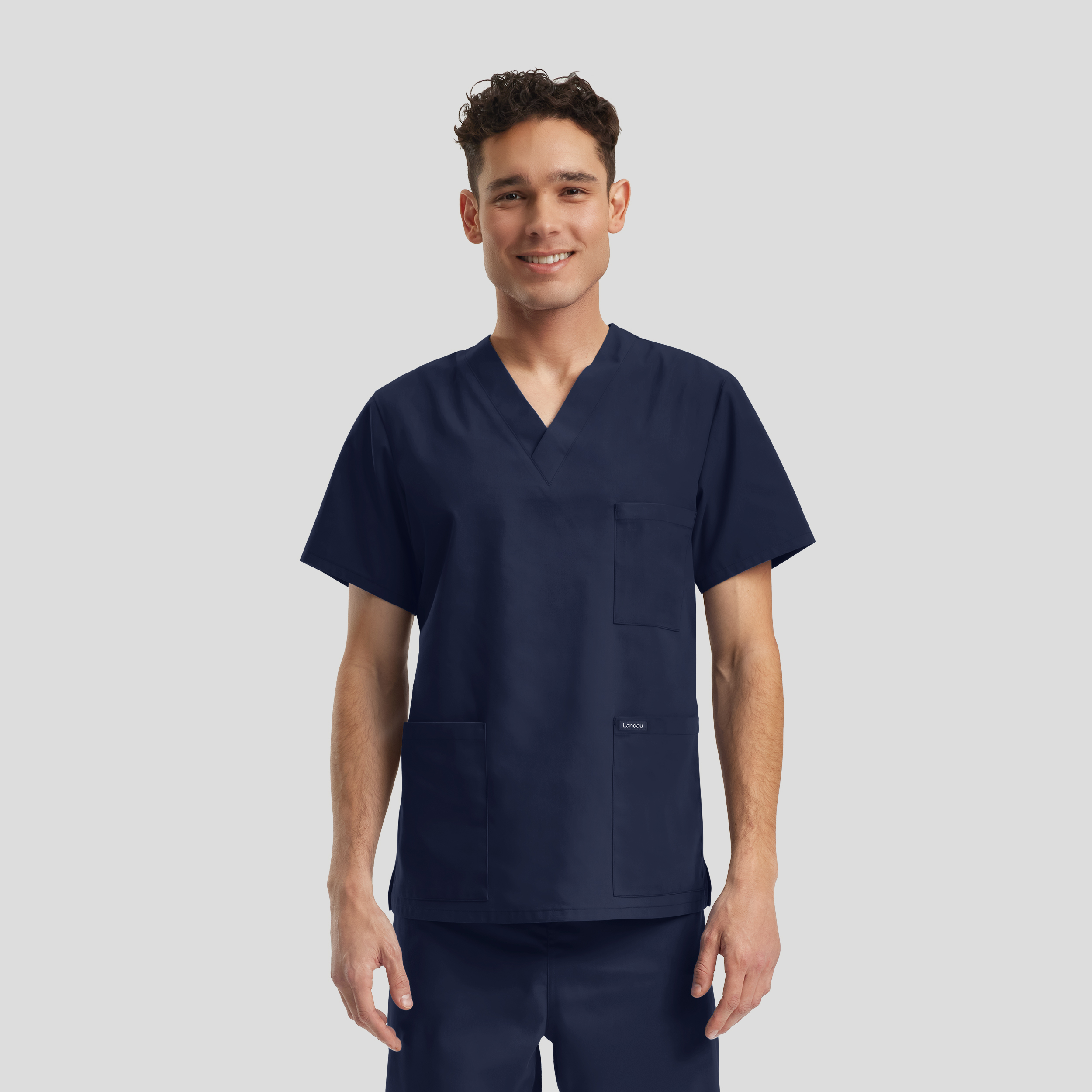 Landau Essentials LT121 Breathable and Fade Resistant Unisex 3-Pocket V-Neck Scrub Top with Side Vents-Landau