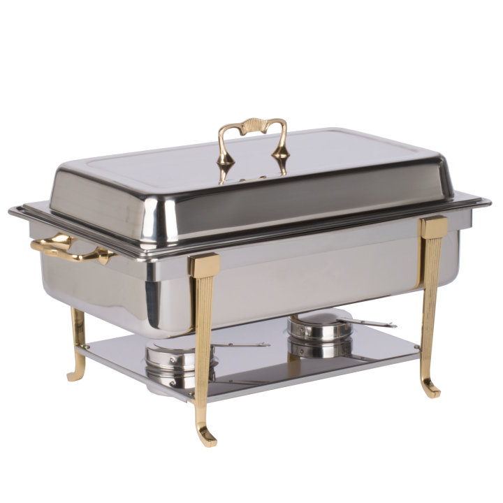 9-quart full-size chafer in mirror finish and classic brass trim with food pan, water pan, dome cover and fuel holder