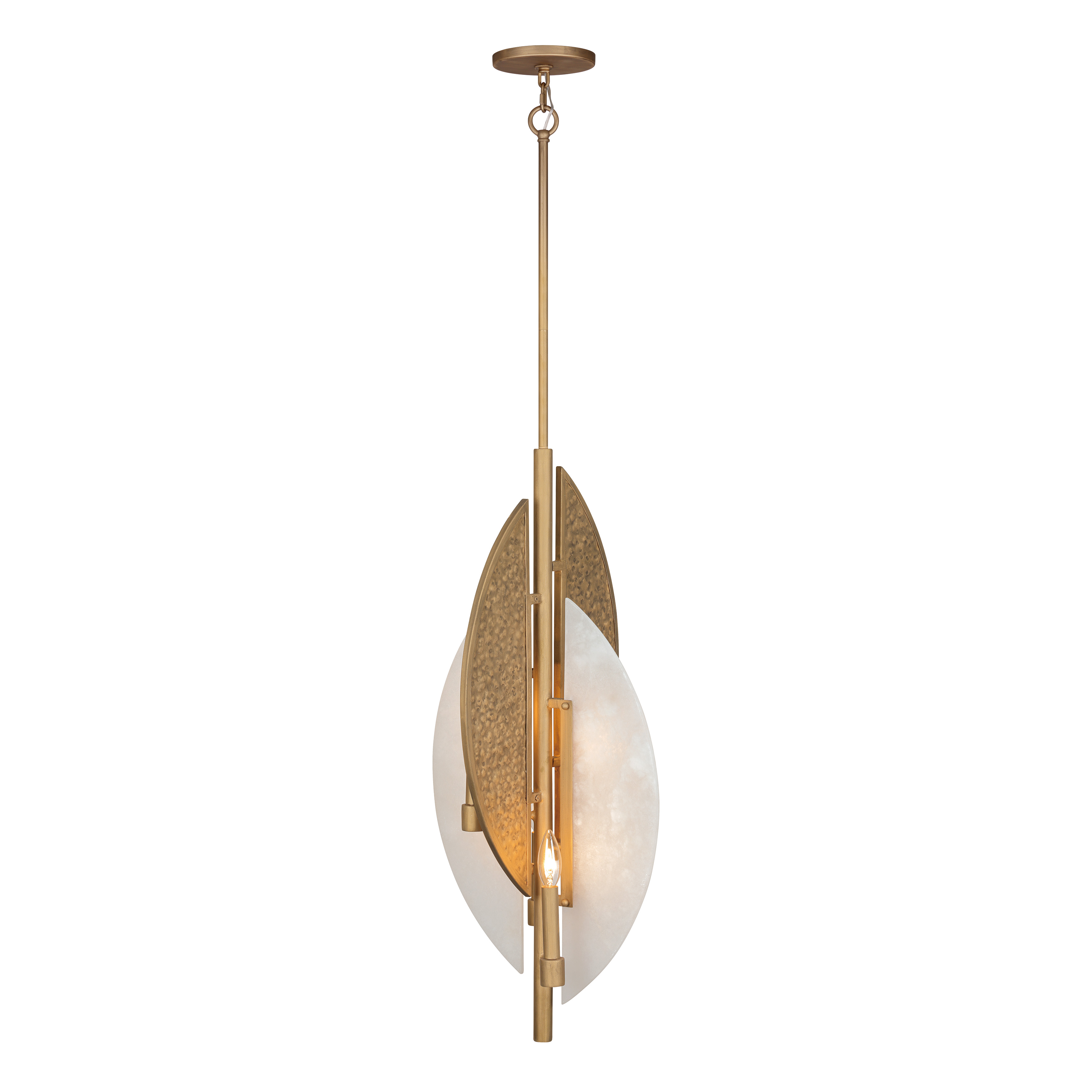 The Saint Martin pendant combines handcrafted hammered metal panels with luminous alabaster stone, creating a stunning focal point. Designer Robin Baron's signature style shines through in this 31-inch statement piece. - alternate view