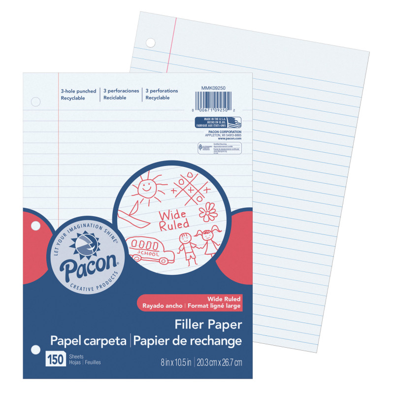 Filler Paper, White, 3-Hole Punched, Red Margin, 3/8" Ruled, 8" x 10-1/2", 150 Sheets